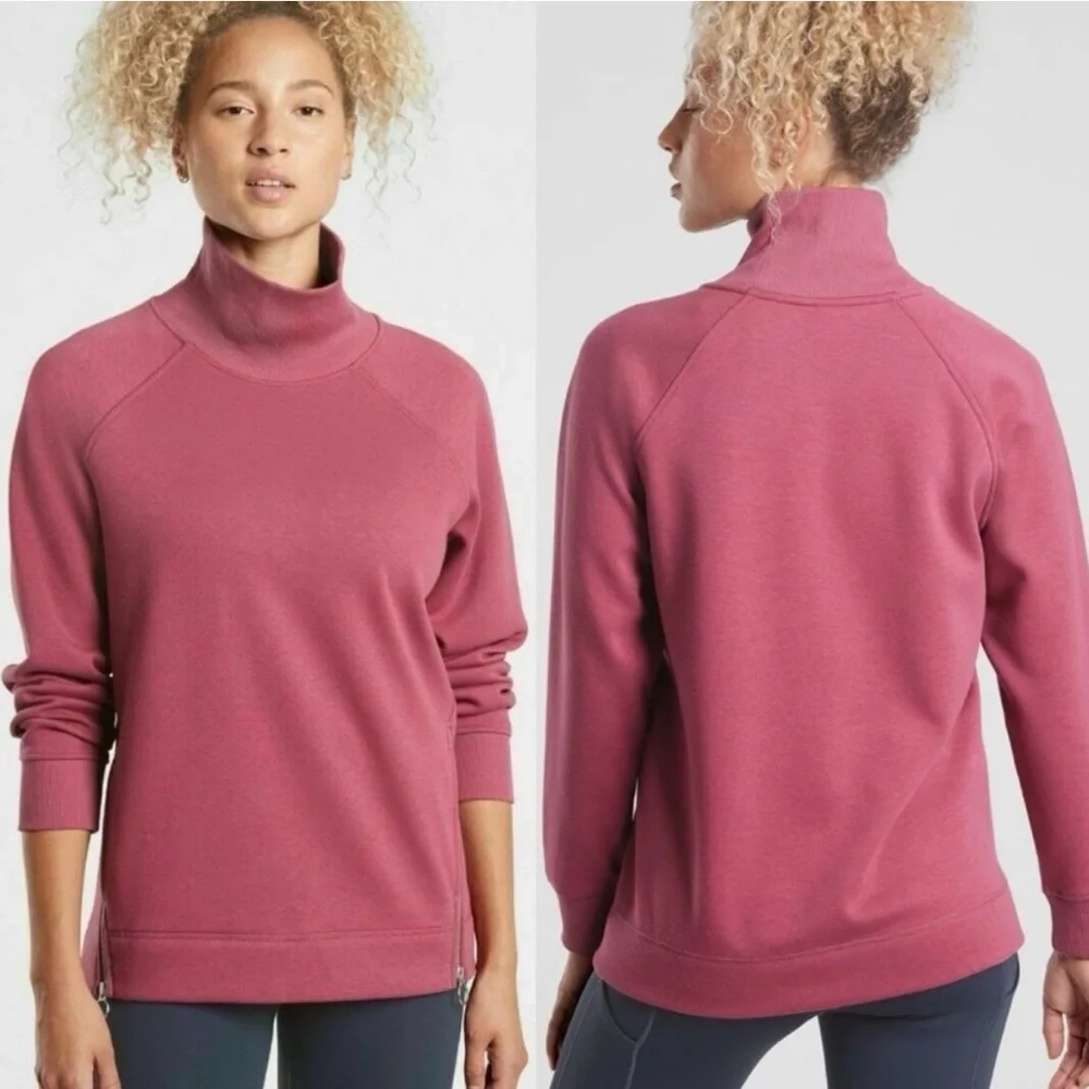Athleta Cozy Karma Side Zip Funnel Neck Pullover Sweatshirt in Pink, Size MT - Picture 1 of 9